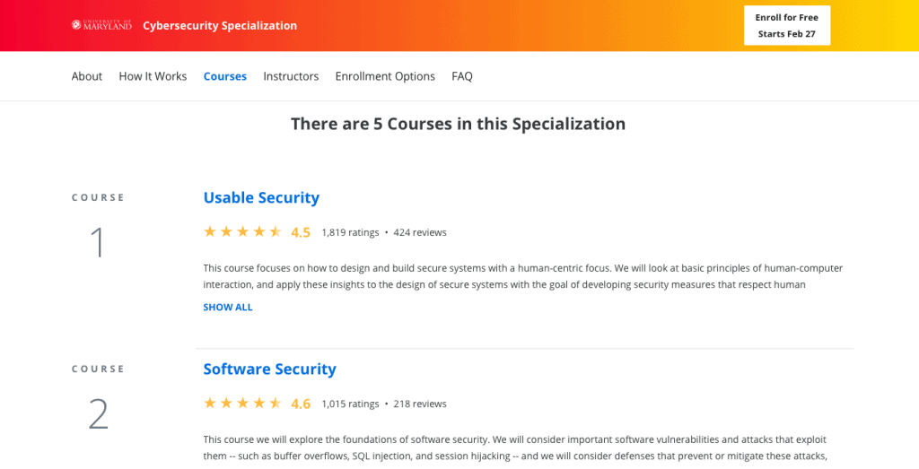 University of Maryland’s Cybersecurity Specialization via Coursera
